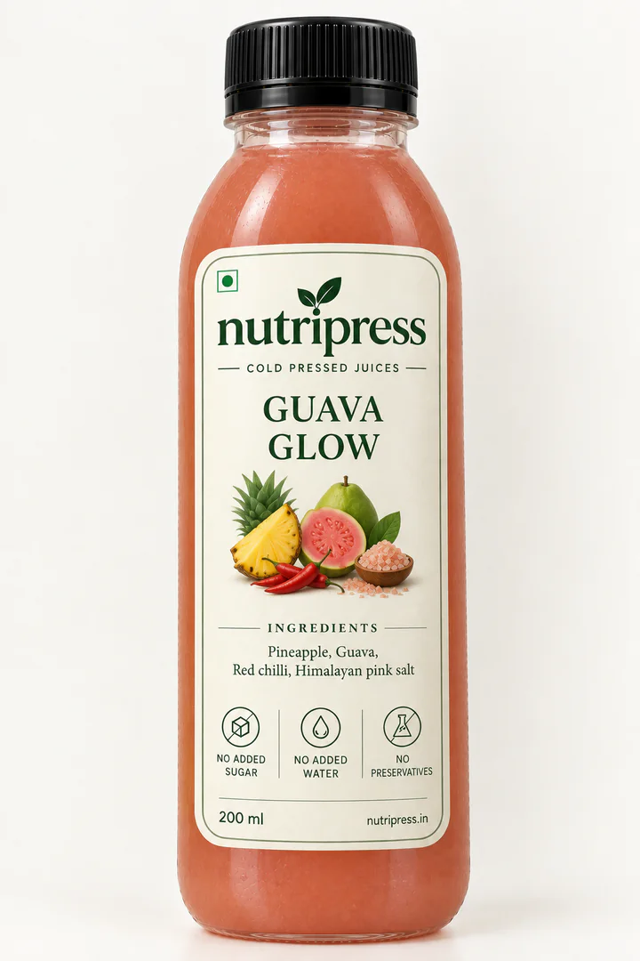 Nutripress Guava Glow cold-pressed juice bottle